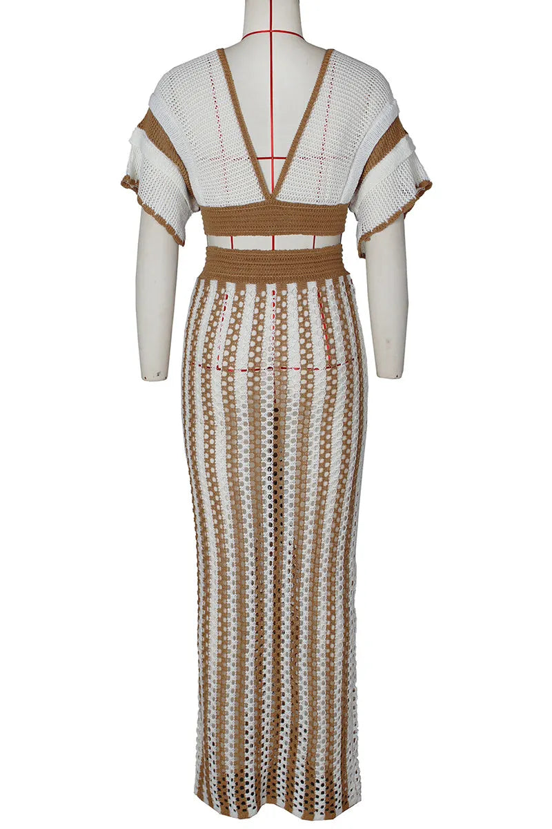Celebrities Hollow Out Patchwork Strap Design V Neck Short Sleeve Two Pieces(4 Colors)