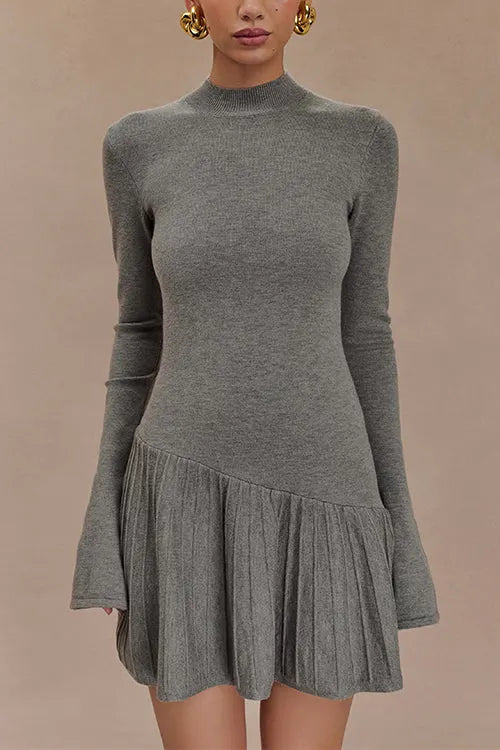 Mockneck Bell Sleeves Ruffle Mini Sweater Dress