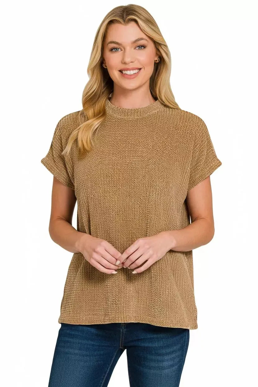 Zenana Chenille Waffle Cap Sleeve Sweater