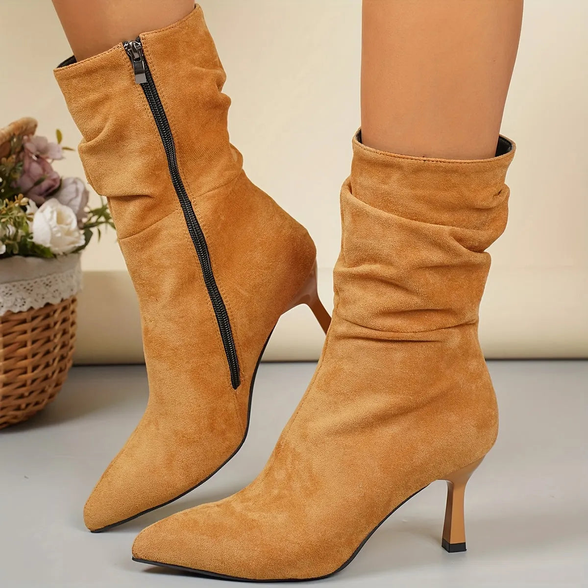 Elegante Slanke Dames Enkellaarsjes | Mid-High PlissÃ© Boots Met Puntneus & Stiletto Hak
