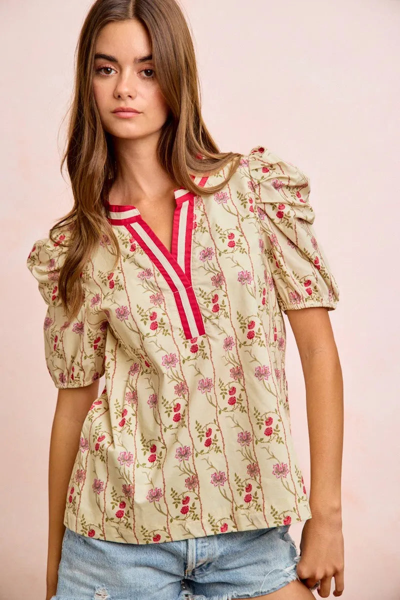 BiBi Floral Gather Sleeves Contrast Neckband Blouse Top