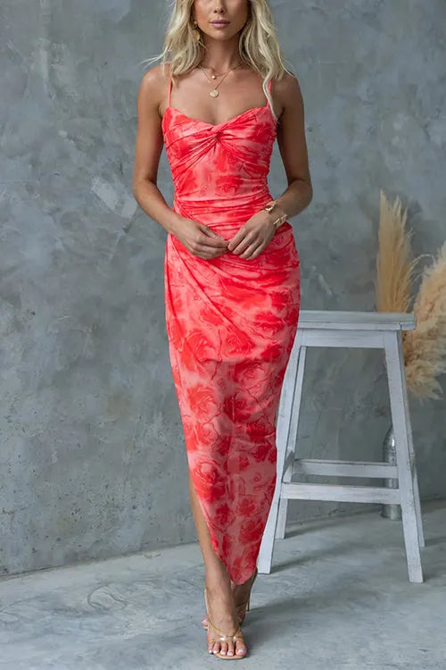 Twist Front Side Slit Mesh Overlay Printed Maxi Cami Dress