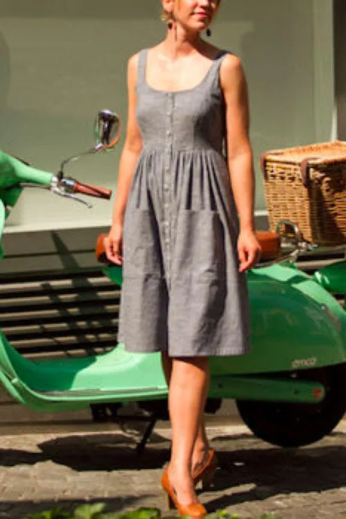 U Neck Button Down Tank Dress with Pockets
