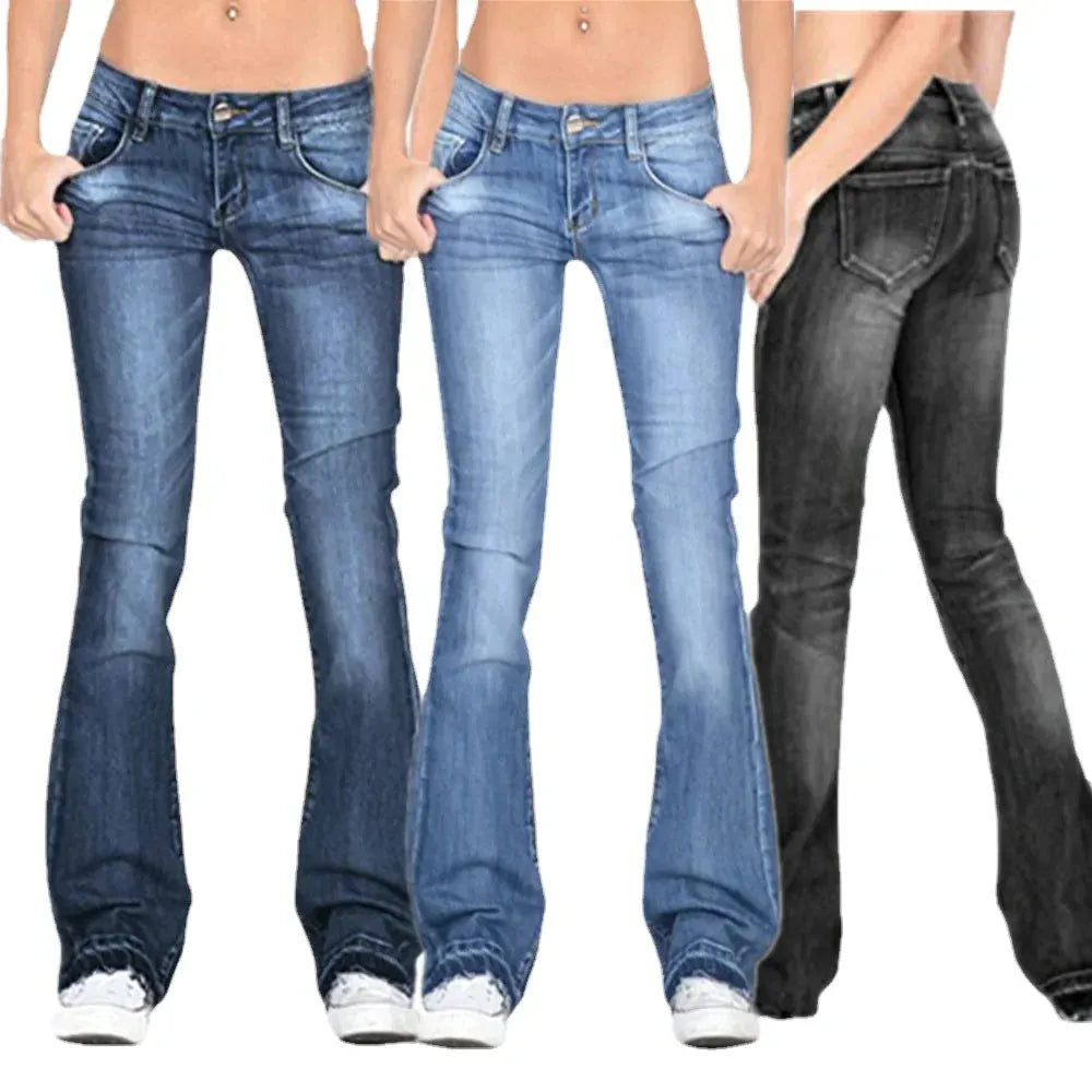 Damen Denim Low-Rise Flared Jeans mit lÃ¤ssigem Vintage-Look & Ausgestelltem Bein |