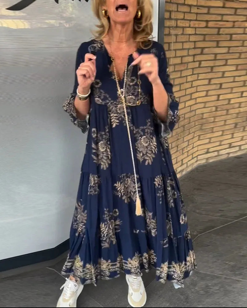 Nerea - Ny Vintage løs V-hals kjole