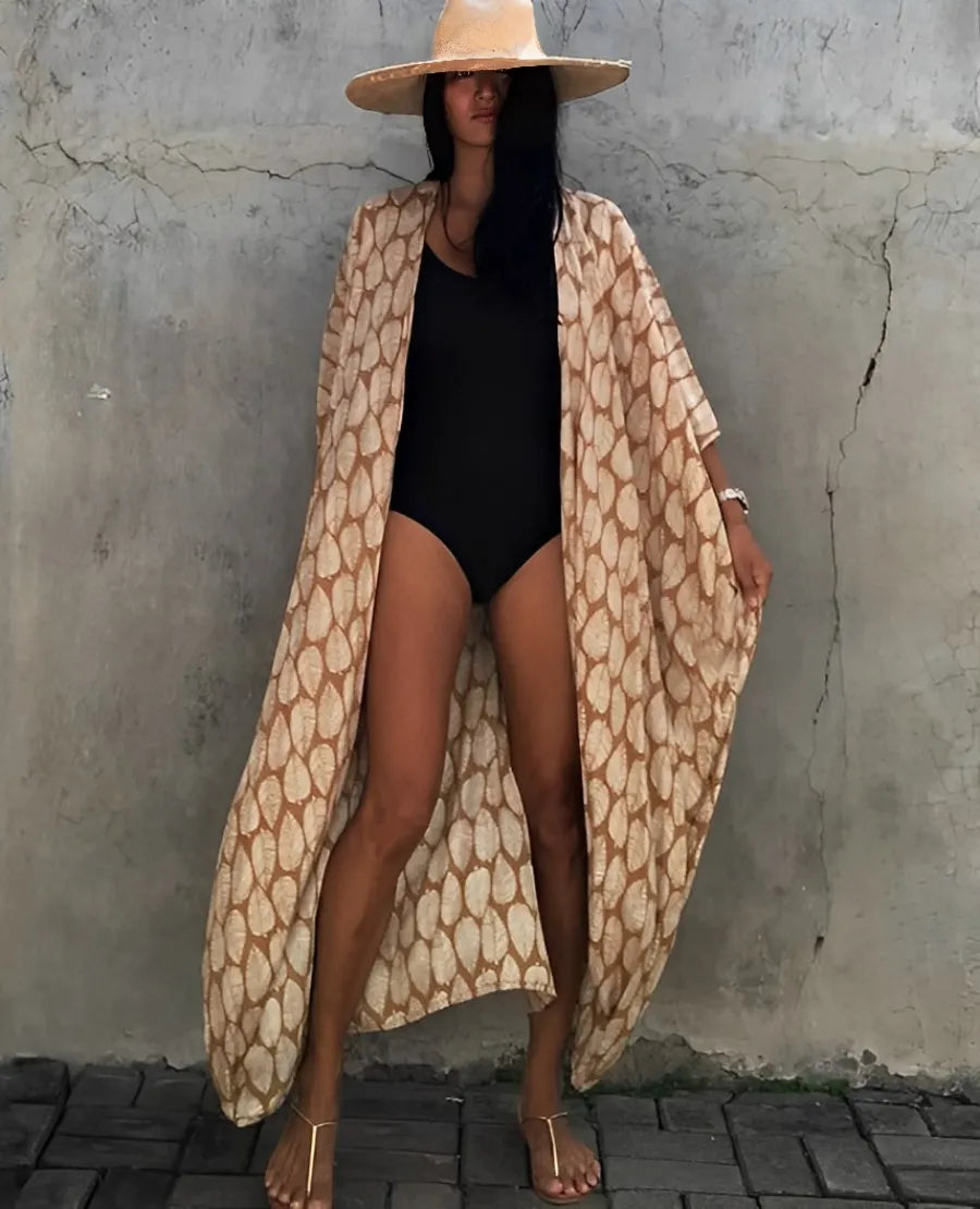 Retro Kimono Langer, gemusterter Strandkimono mit Gürtel für Damen