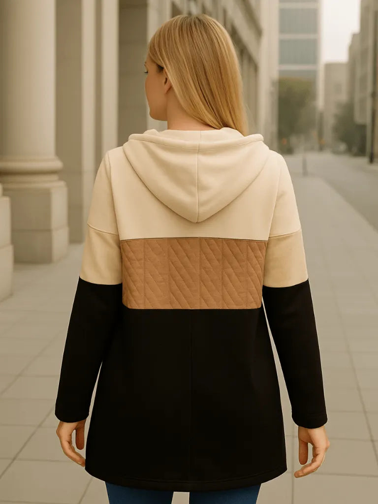 Casaco Feminino Bloco de Cores com ZÃ­per Capuz Marrom