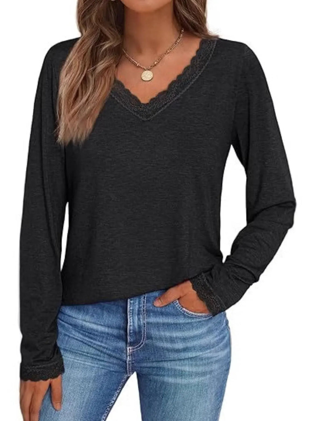 Lace Trim V-Neck Long Sleeve T-Shirt