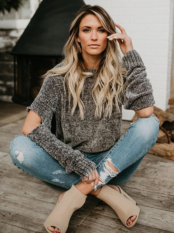 Knit Round Neck Hole Long Sleeve Winter Sweater Tops