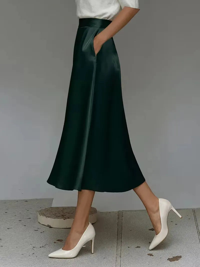 Satin Skirt for Women with High Waist and Midi Length