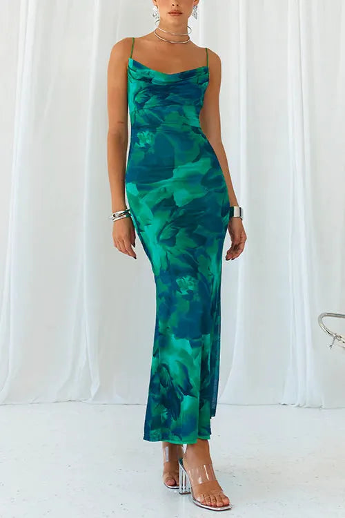 Cowl Neck Backless Printed Cami Maxi bodycon Dress