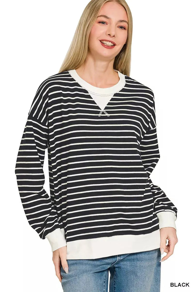 Zenana Contrast Striped Round Neck Sweatshirt