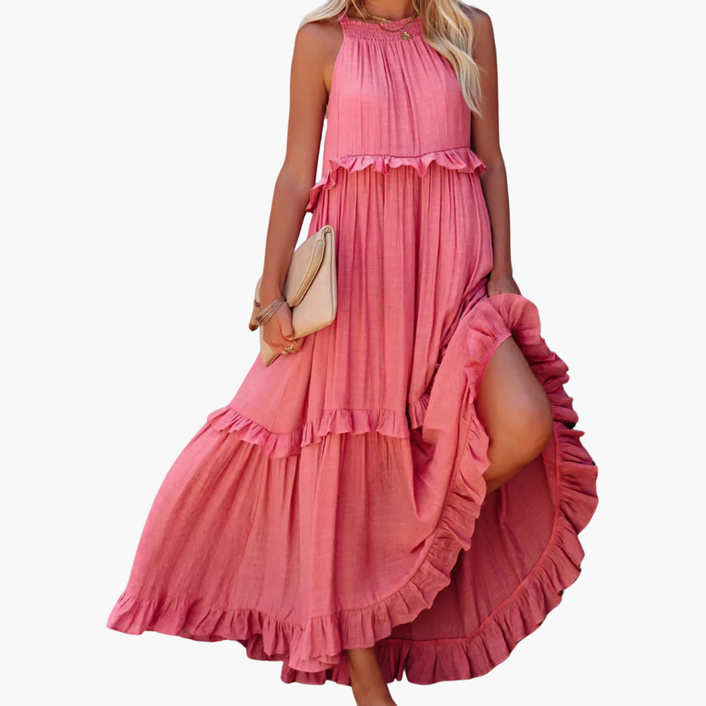 Womenâs Maxi Dress with Cascading Ruffle Tiers and Adjustable Straps