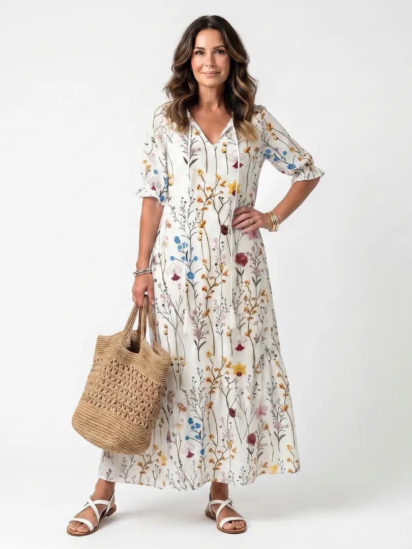 Sylvie | Botanical Print Tassel Tie Midi Dress