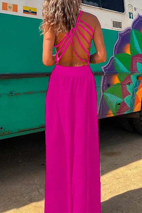 Solid Criss Cross Backless Maxi Cami Dress