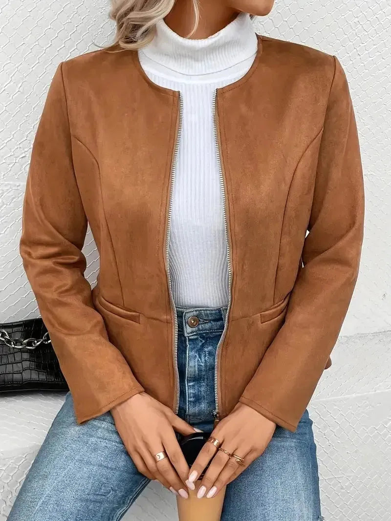 MAEVE | Suède Dames Jasje Met Rits, Ronde Hals & Blazer-Style - Elegant, Stijlvol & Modieus