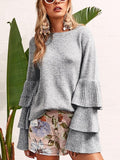 Knit Round Neck Ruffle Sleeve Grey Sweater