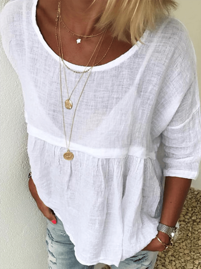 Women's Casual Cotton Linen Round Neck Long Sleeve T-Shirt