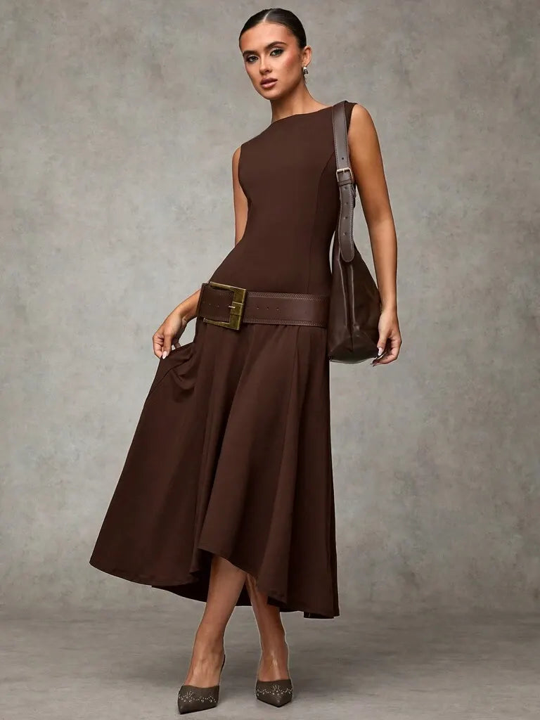 Vestido Midi Elegante sem Mangas Cor CafÃ© Tereza
