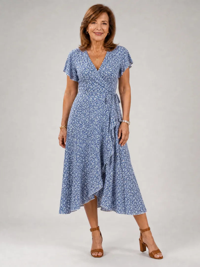 Samore | Floral Wrap Ruffle Midi Dress