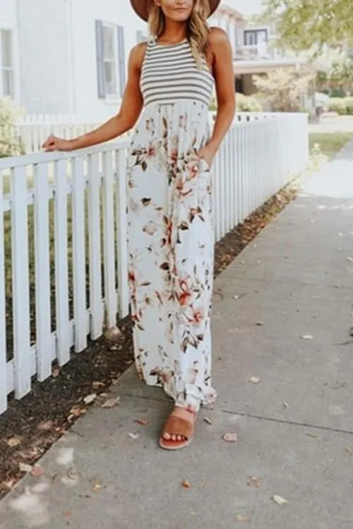 Stripes Splice Floral Printed Maxi Dress