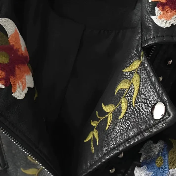 Idaira - Læderjakke med blomsterbroderi