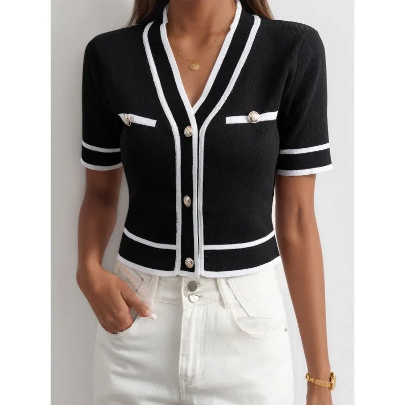 Short-sleeved V-neck blouse