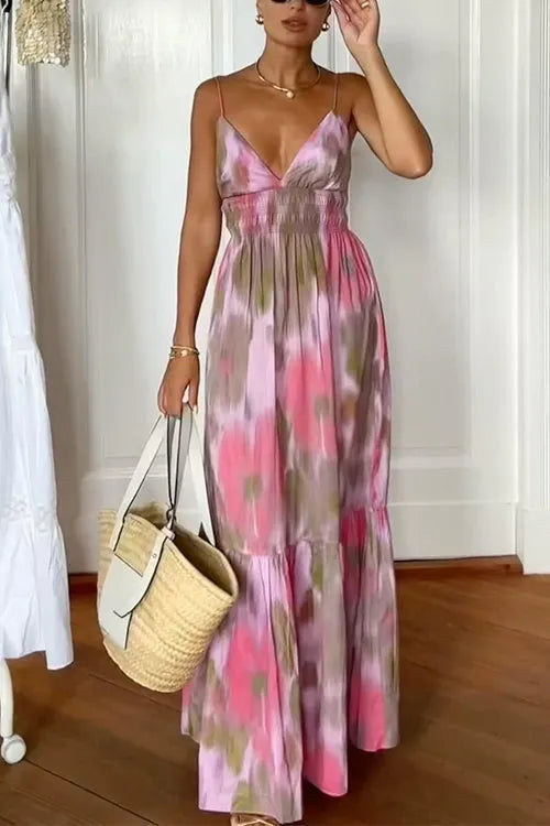 V Neck Open Back High Waist Tie Dye Maxi Vacation Dress