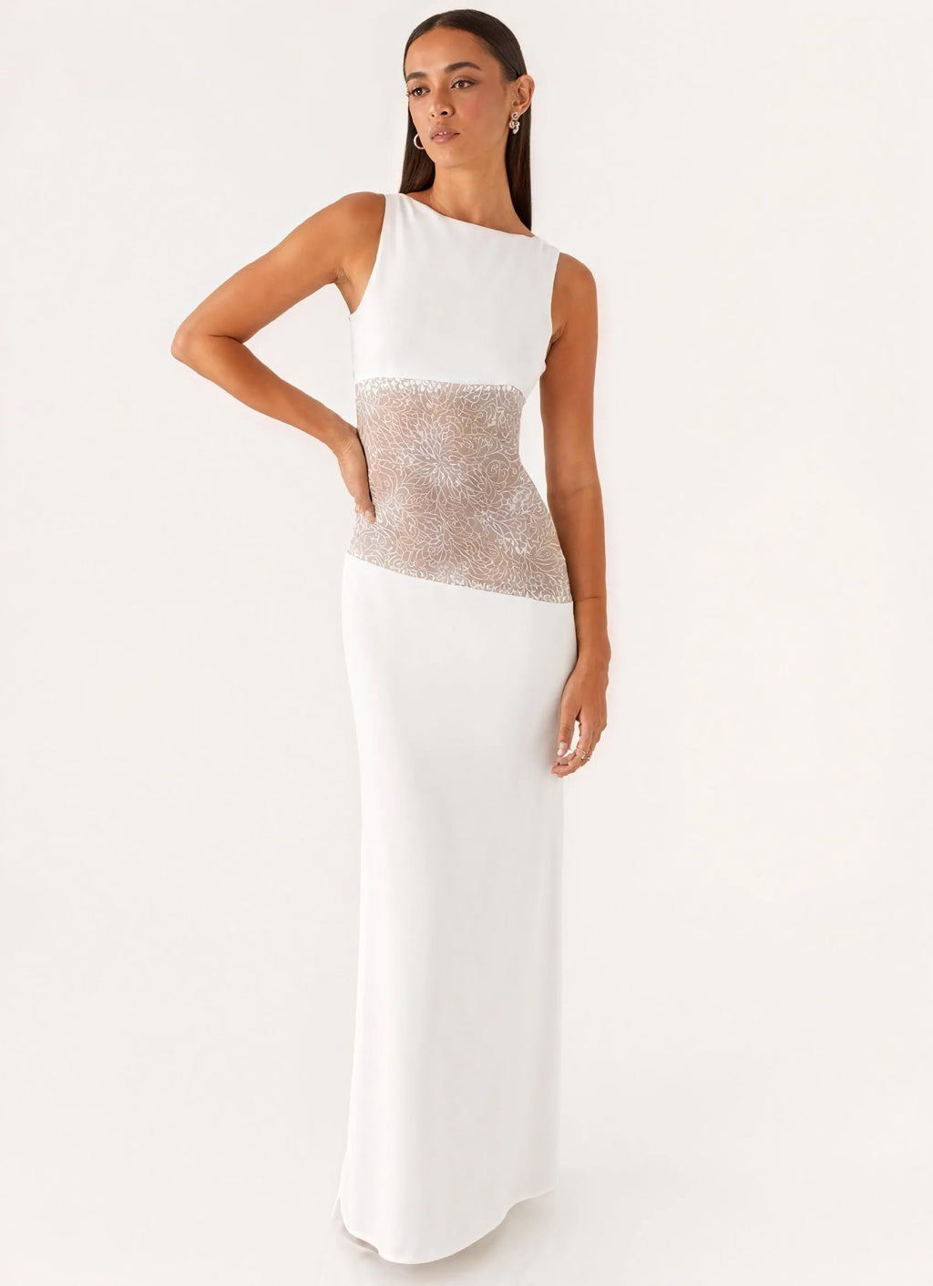 Ärmelloses Maxikleid mit exquisitem Spitzenpanel