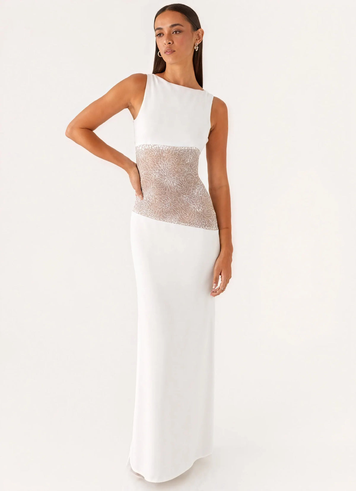Ärmelloses Maxikleid mit exquisitem Spitzenpanel