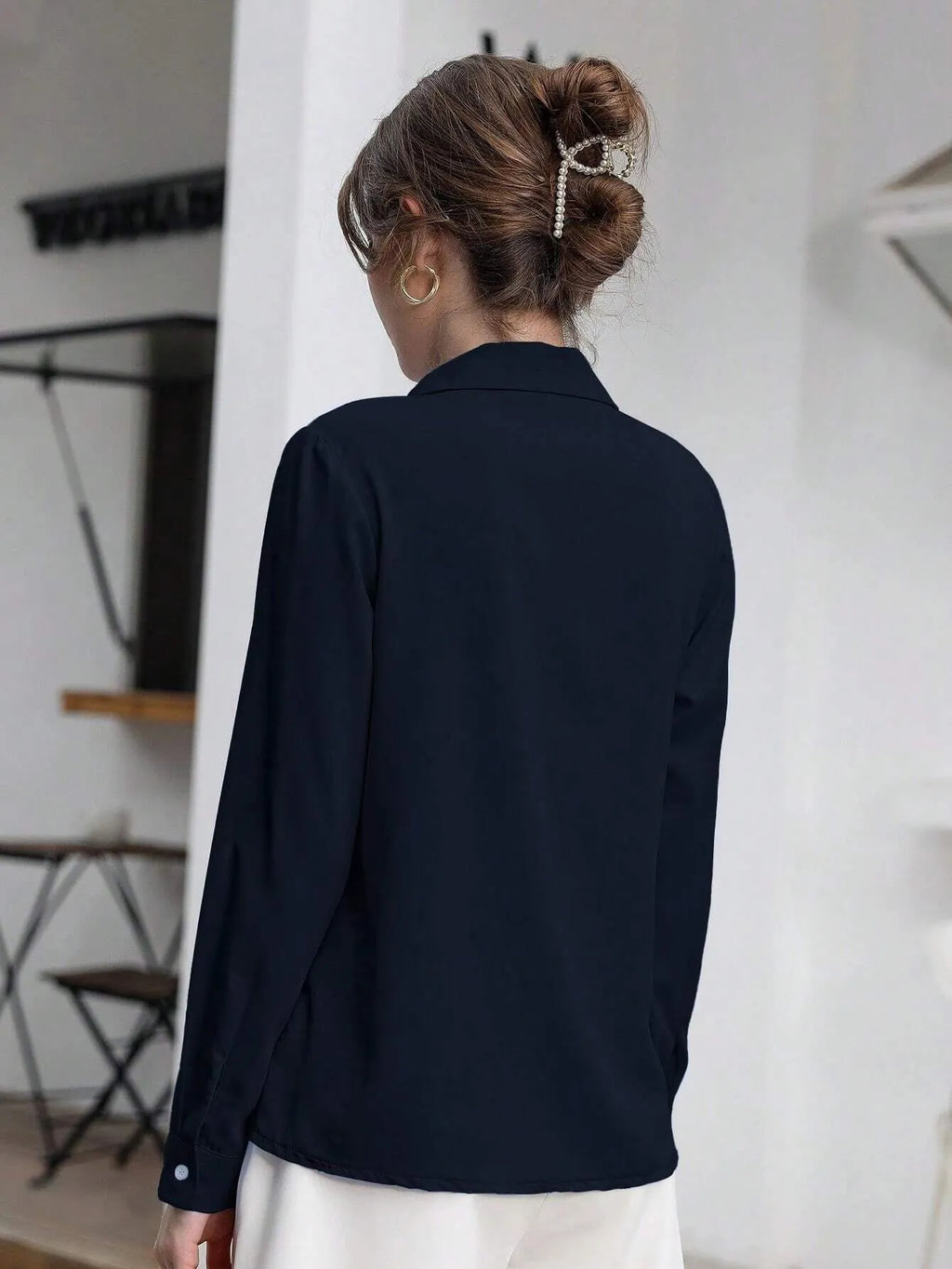 Blusa Feminina Social Manga Longa Azul Marinho