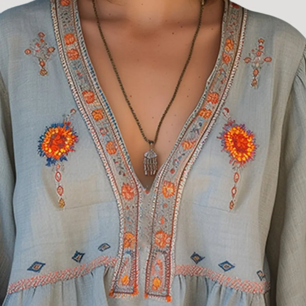 Bohemian women's blouse with floral embroidery and V-neck collar