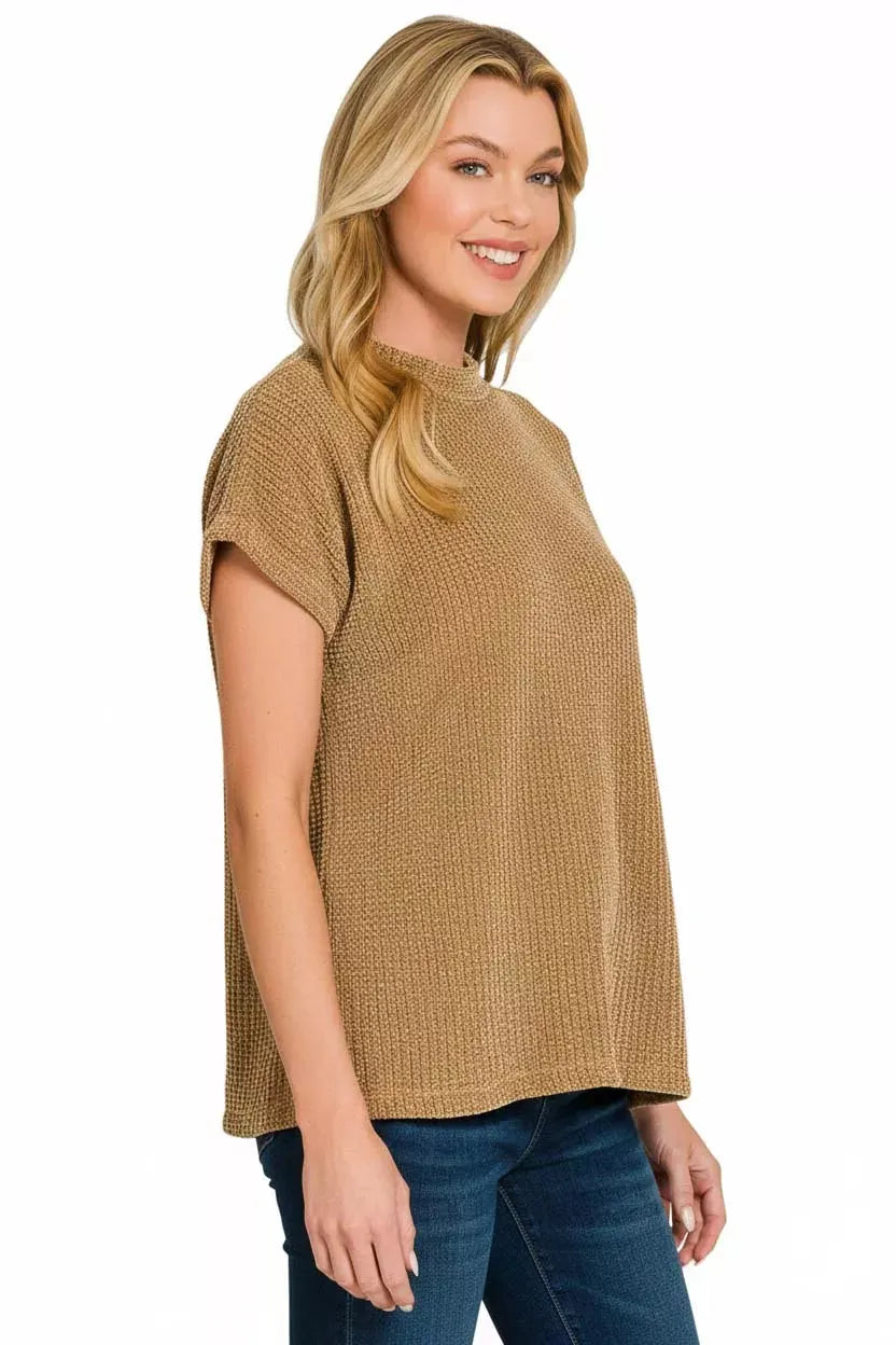 Zenana Chenille Waffle Cap Sleeve Sweater