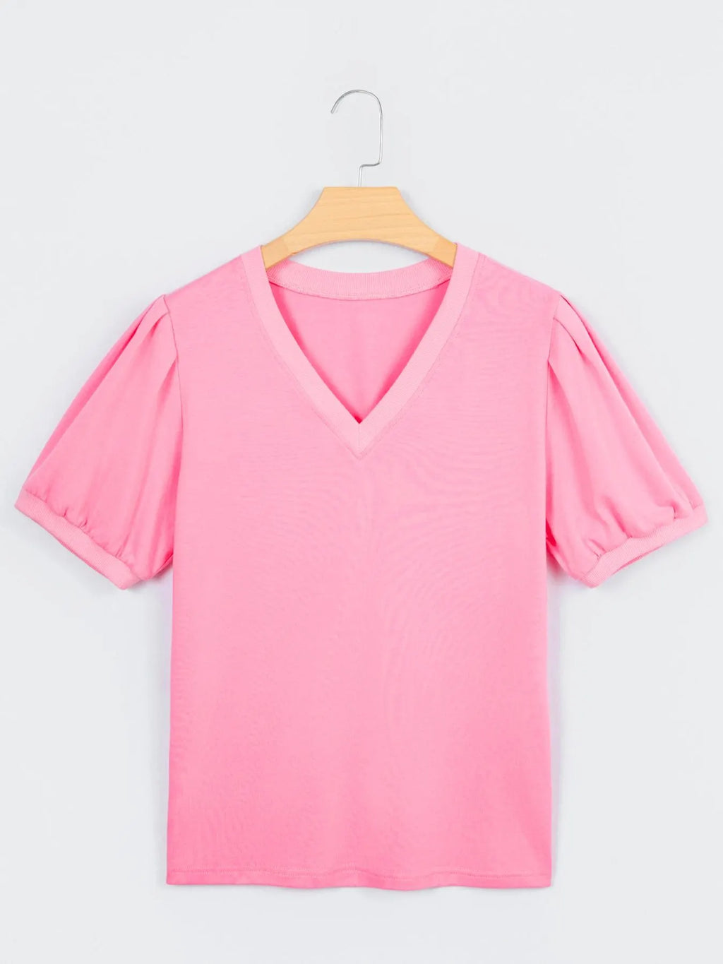 Solid Color V Neck Short Puff Sleeve Blouse
