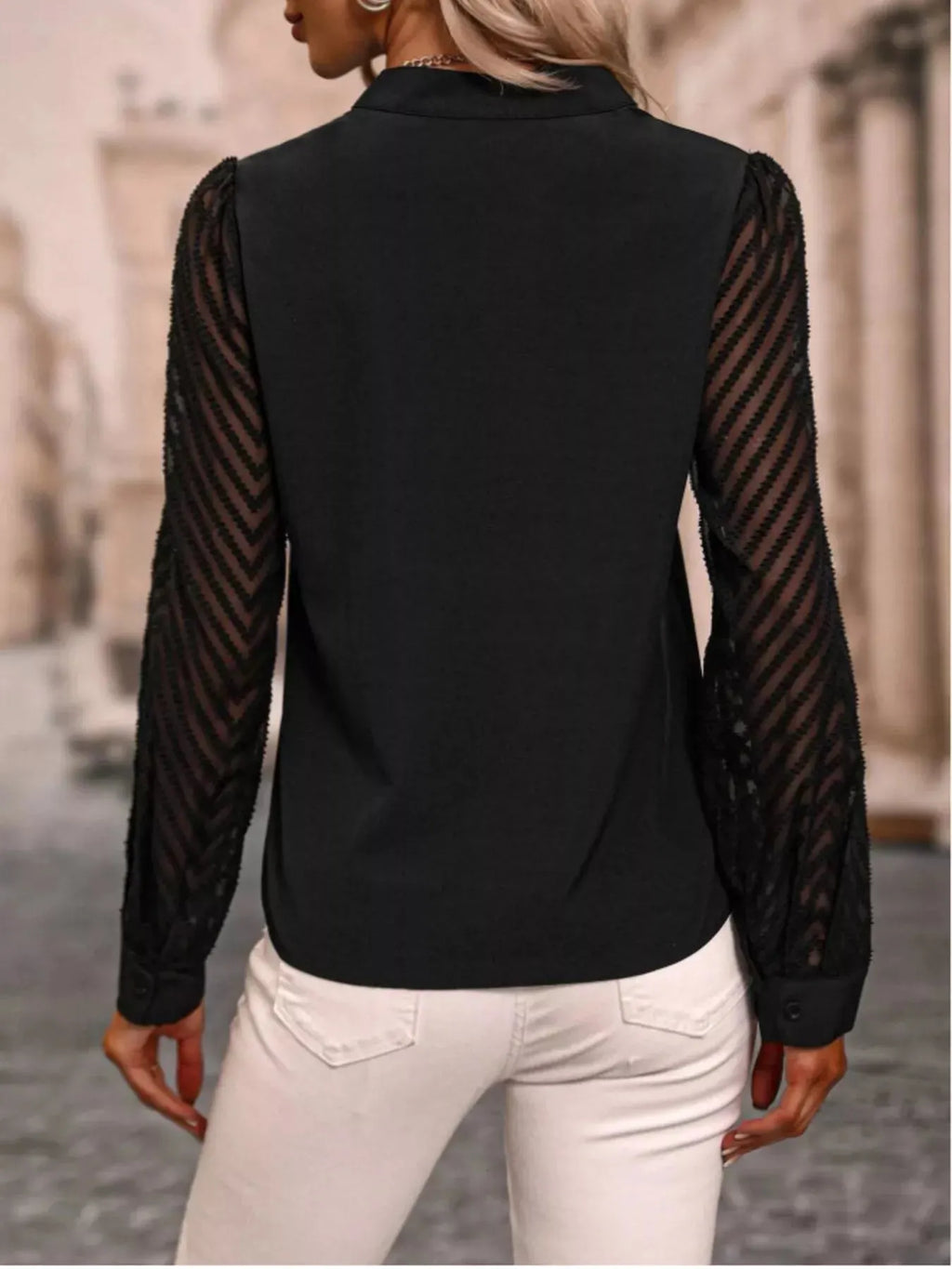 Notched Long Sleeve Blouse