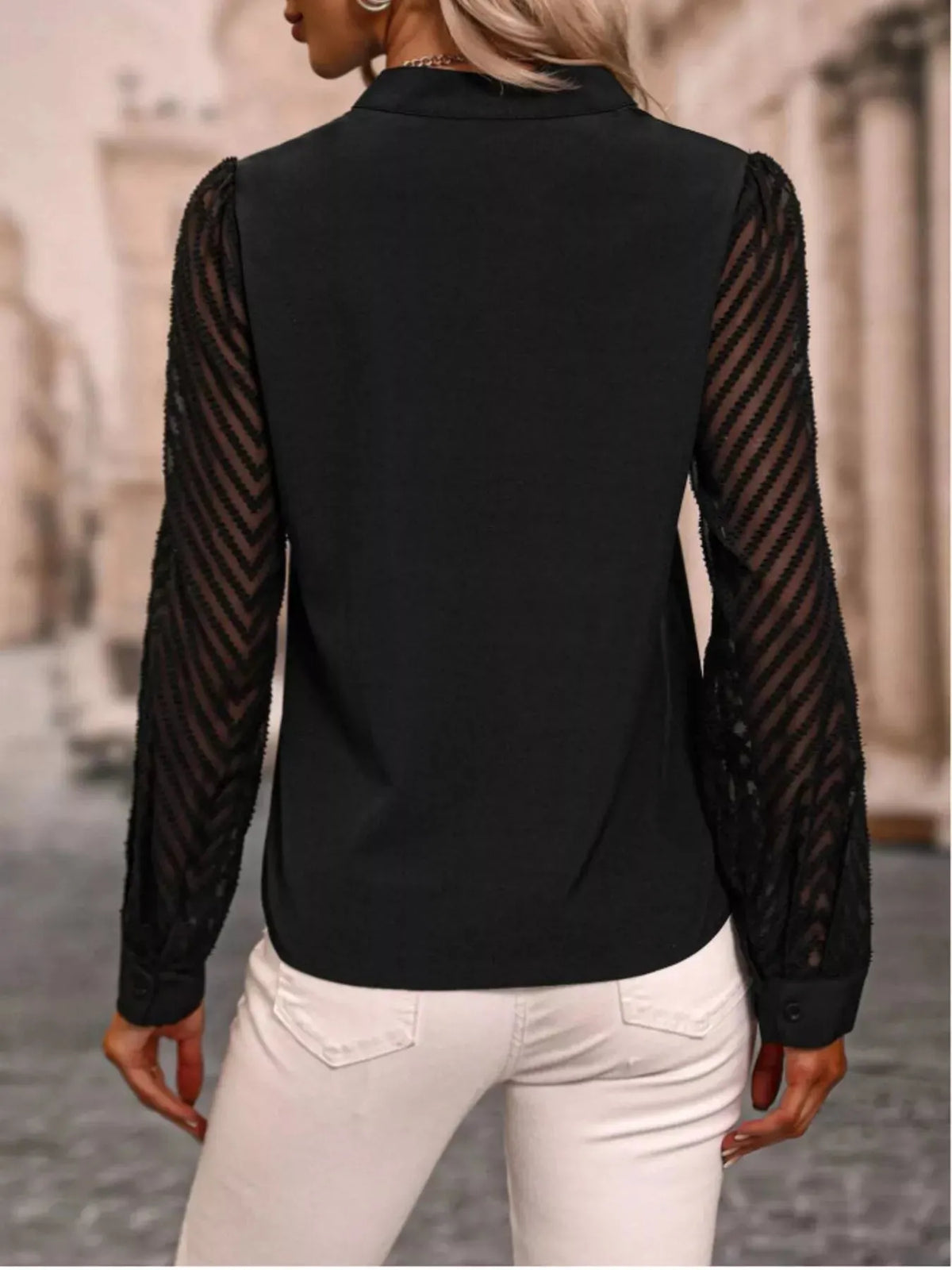 Notched Long Sleeve Blouse