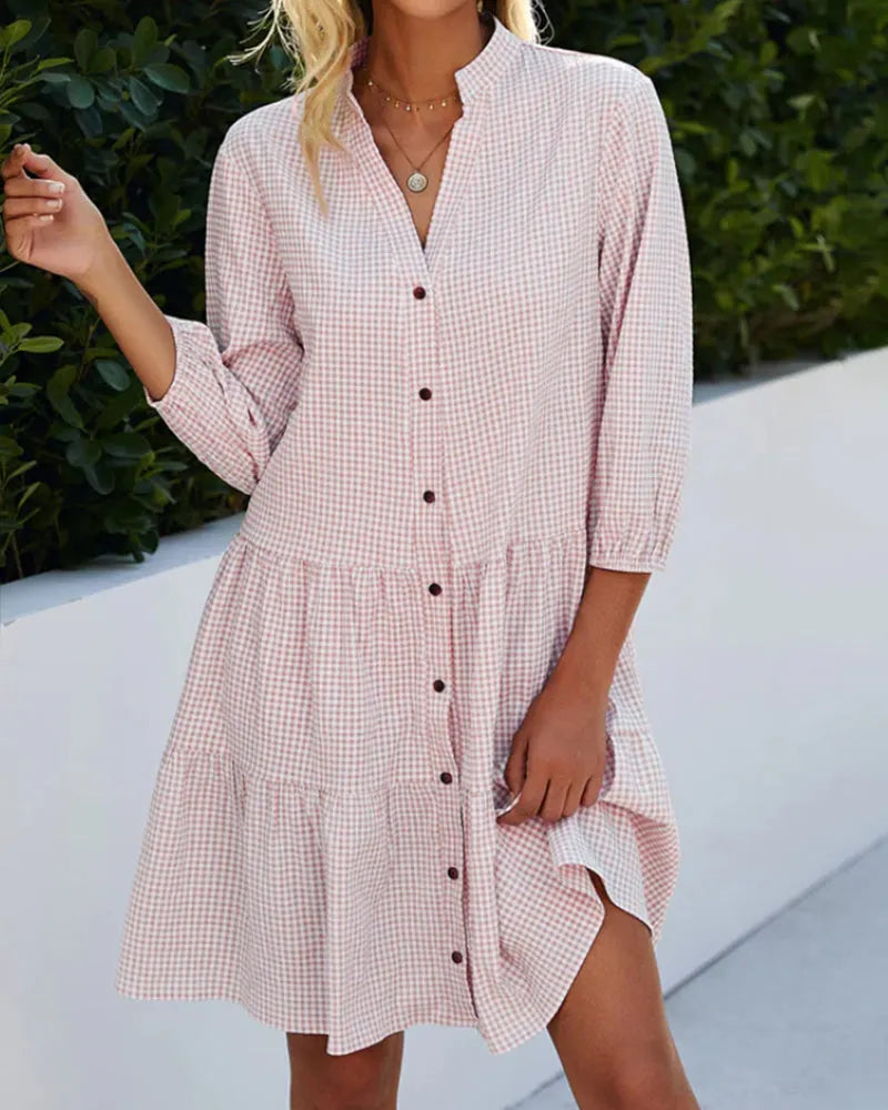 - kariertes A-Linien-Kleid mit Knopfleiste fÃ¼r Damen Ã¤hnelt einem Hemdblusenkleid