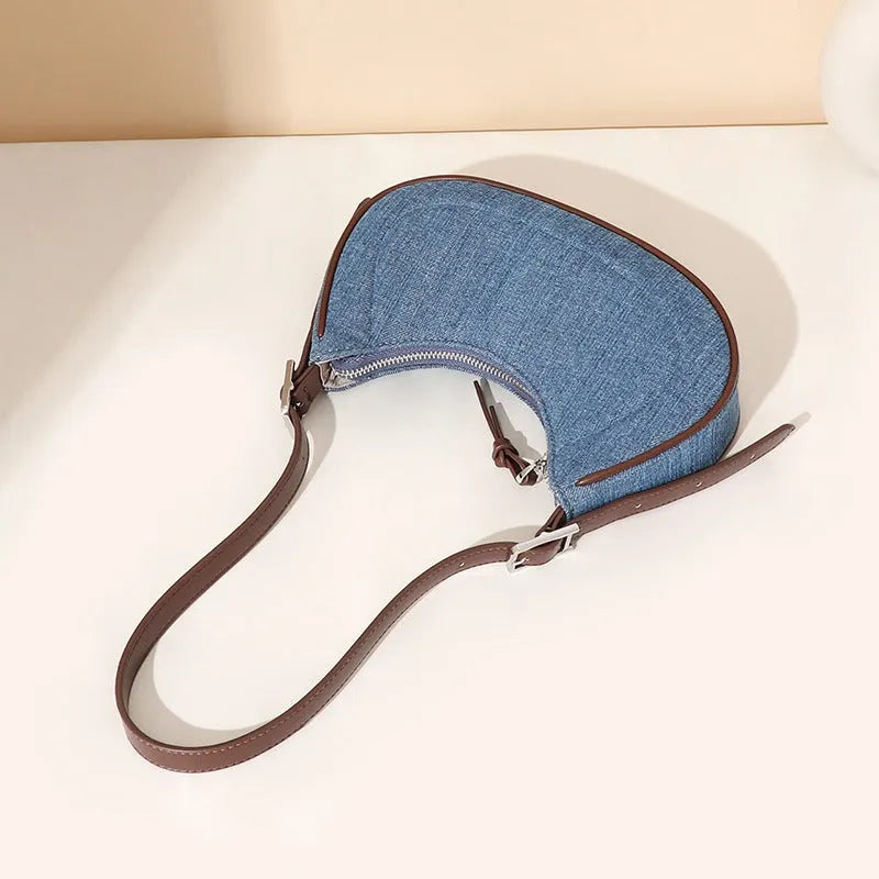 Ã‰LODIE | Denim Damesschoudertas met Halvemaanvorm â€“ Stoer, Stijlvol & Praktisch