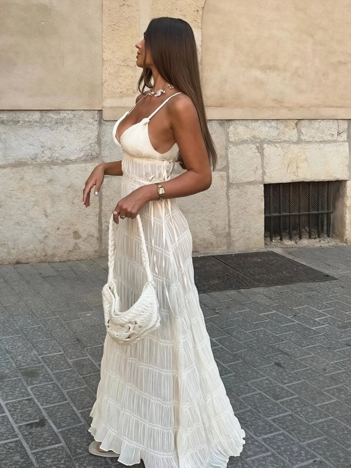 Plissiertes Maxi-Kleid mit Spaghettiträgern