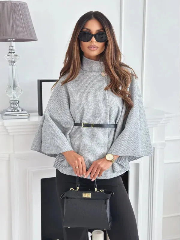 Dames Cape Coat Met Hoge Hals & Ceintuur – Chique & Flatterend