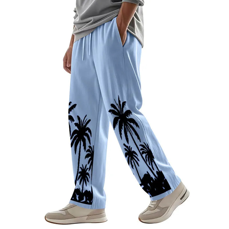 Herren nan weite Freizeit-Hose aus Baumwoll-Leinen-Mix mit Palmenprint, Elastikbund und Kordelzug