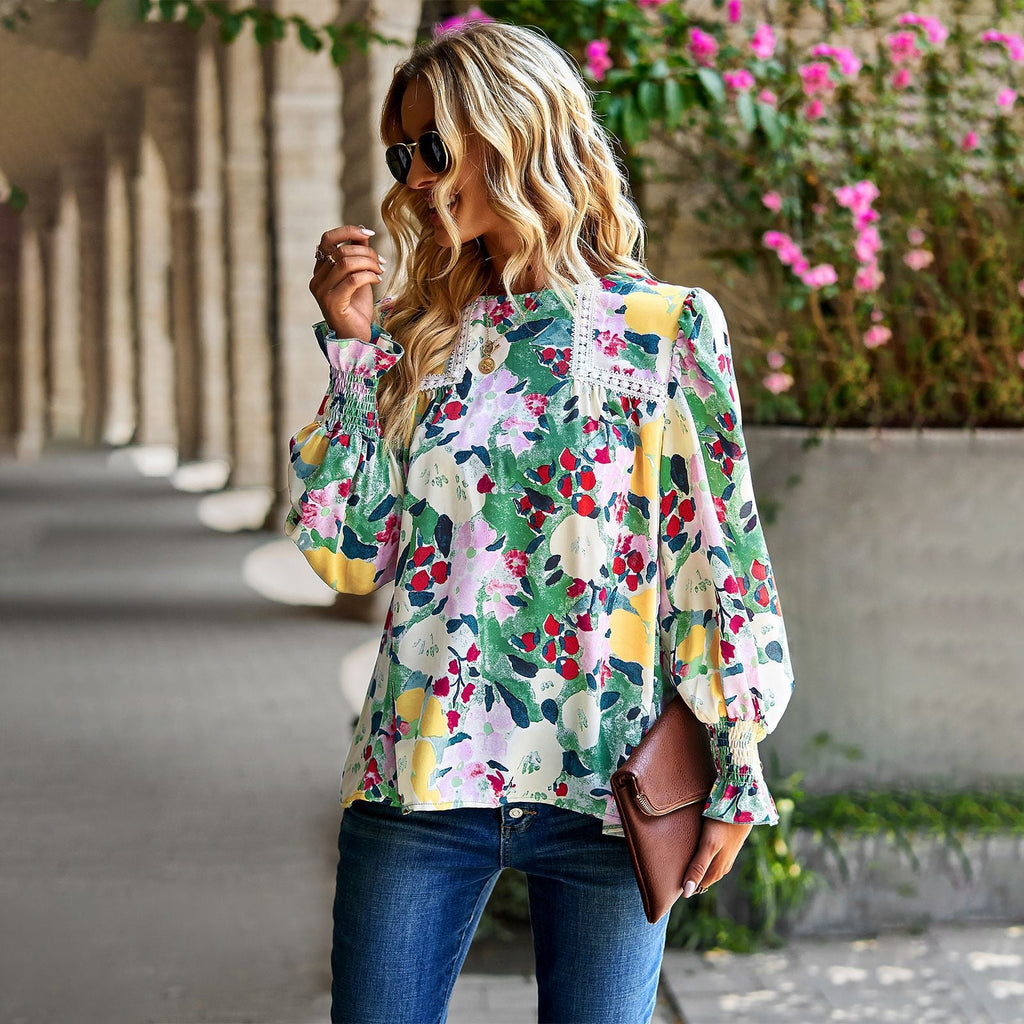 Women's floral temperament top versatile shirt