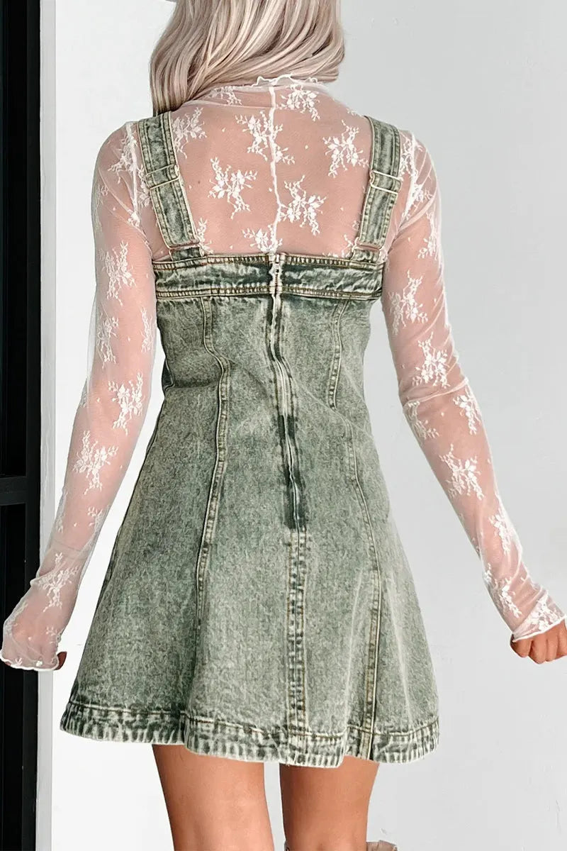 Casual Solid Color Distressed Buttons Square Neck Sleeveless Loose Denim Dresses