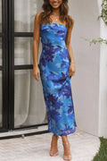 Strapless Scooped Cowl Backless Floral Print Maxi Dress