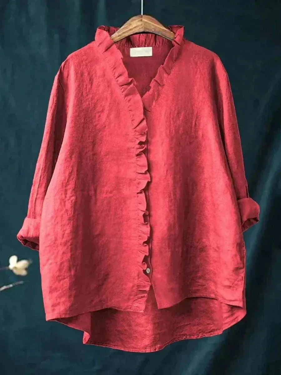 Linen blouse with ruffles, women's summer collar