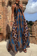 Casual Geometric Print Pocket Contrast V Neck Long Dresses