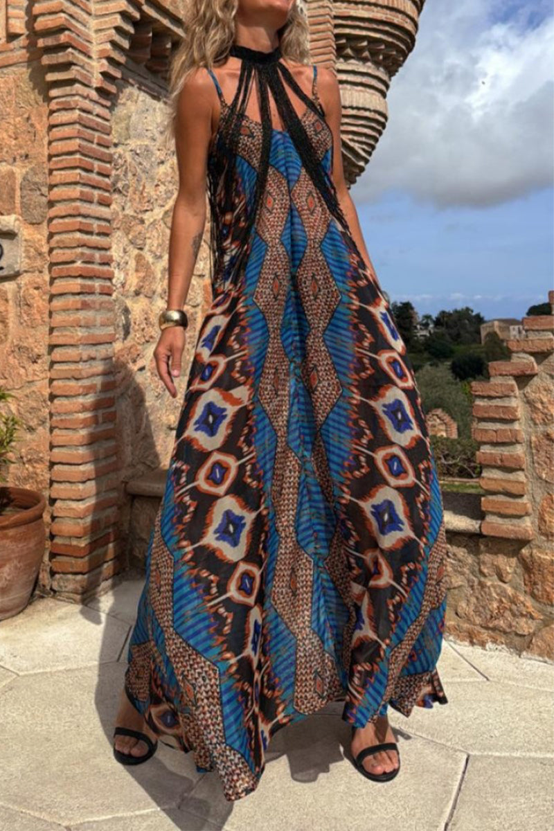Casual Geometric Print Pocket Contrast V Neck Long Dresses