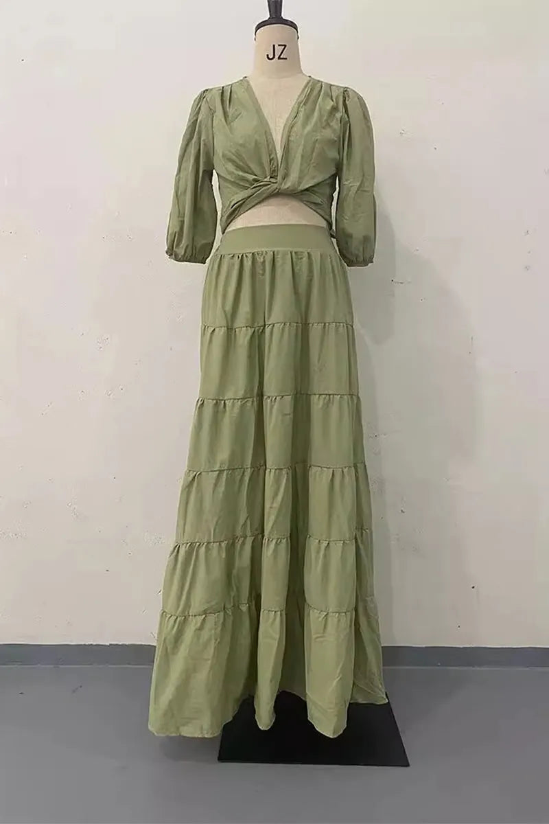 Sexy Daily Solid Color Lace Up Ruched V Neck Half Sleeve Two Pieces