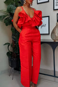 Elegant Solid Patchwork Pocket Backless Flounce Spaghetti Strap Sleeveless Two Pieces(3 Colors)