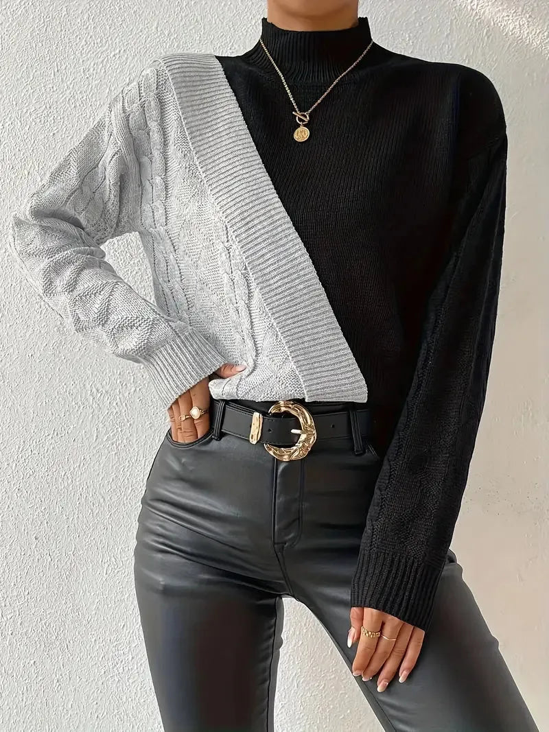 Farbblock Rollkragenpullover – Edles Zopfstrick Design